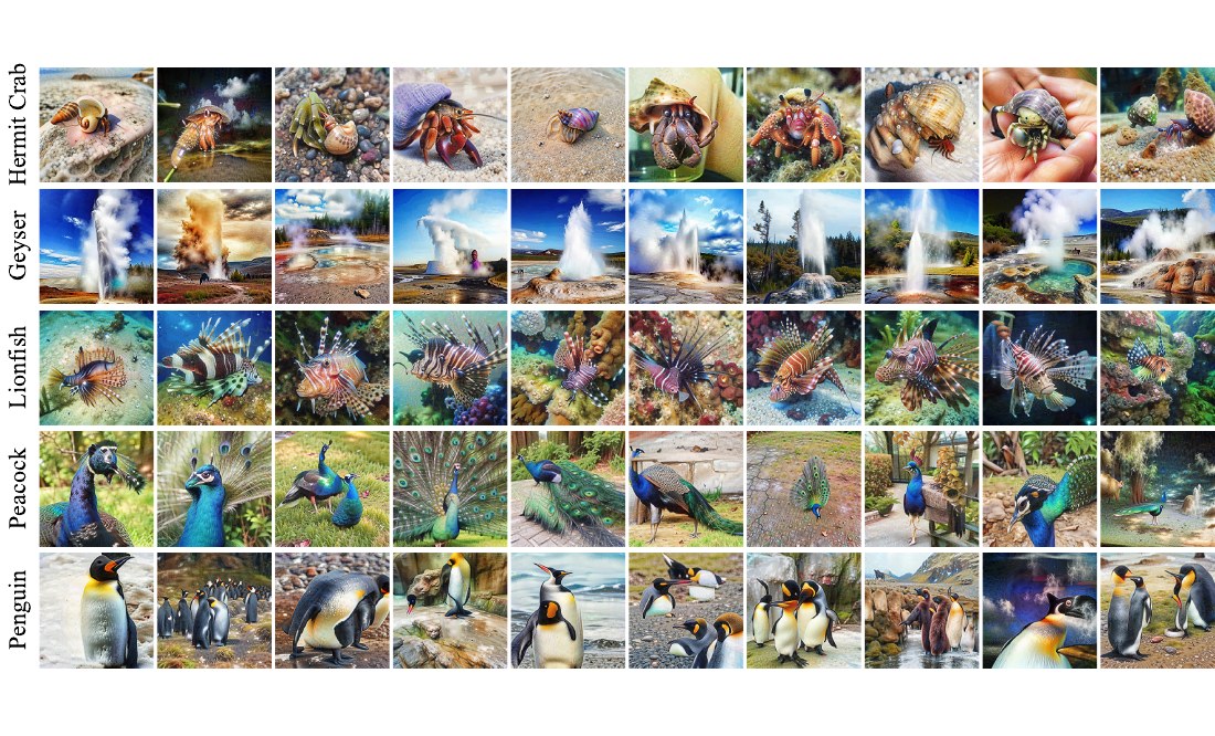 Dataset distillation examples of hermit crabs, geysers, lionfish, peacocks, and penguins